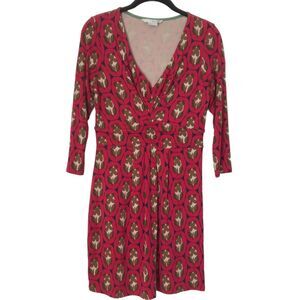 Boden Womens Dress Size 6R Red Brown Empire Waist Leaf Print Knee Length Casual
